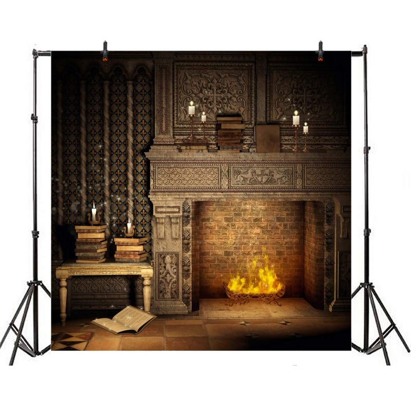 Laeacco Fantasy Room Interior Backdrop 8x8ft Vinyl Photography Background Flame and Fireplace Magical Books Candle Retro House Background - Image 4